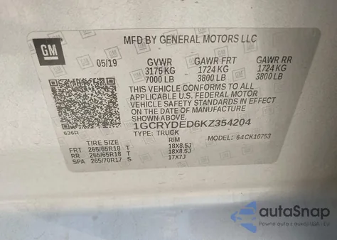 2019 Chevrolet Silverado 1500 Lt из США, поврежденный, VIN 1GCRYDED6KZ354204